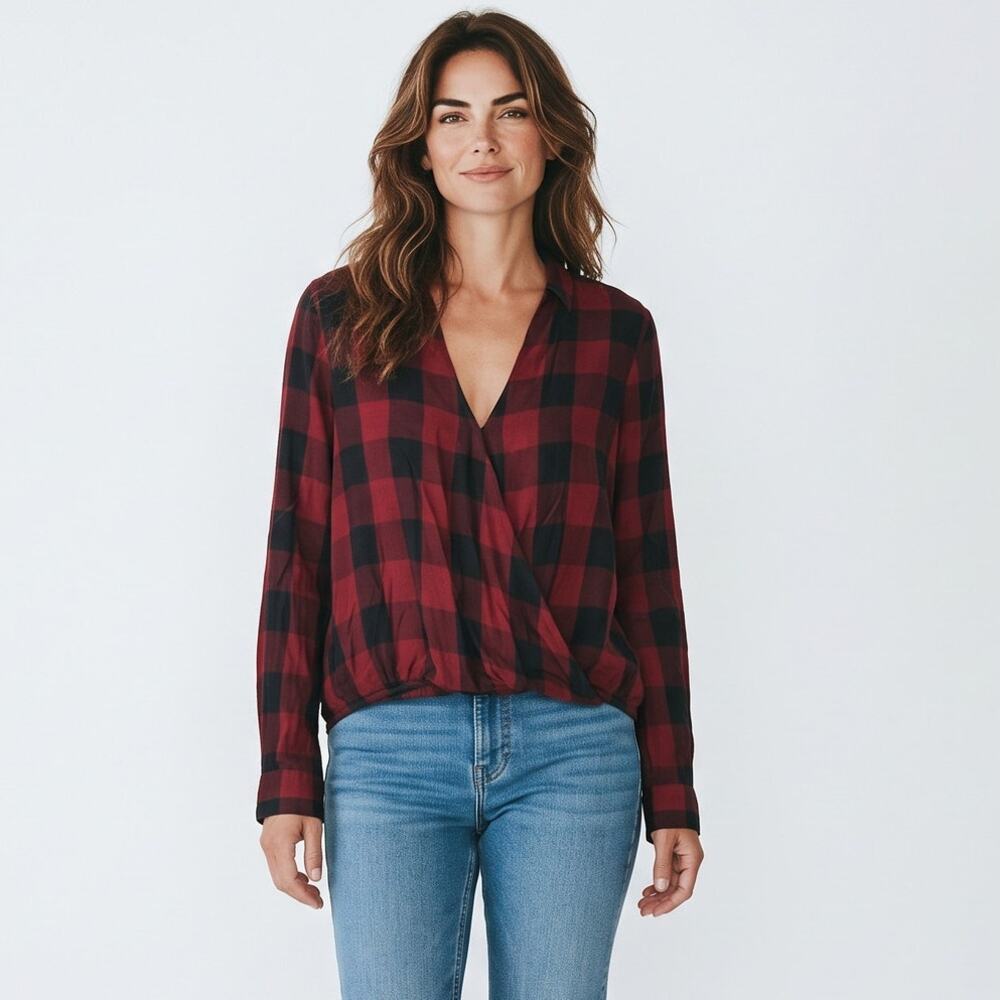 Madewell L Top Shirt Flannel Burgundy Buffalo Check Plaid Blouse